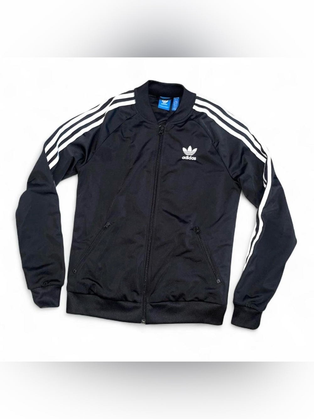 Adidas Originals black track jacket with white stripes on sleeves size small.